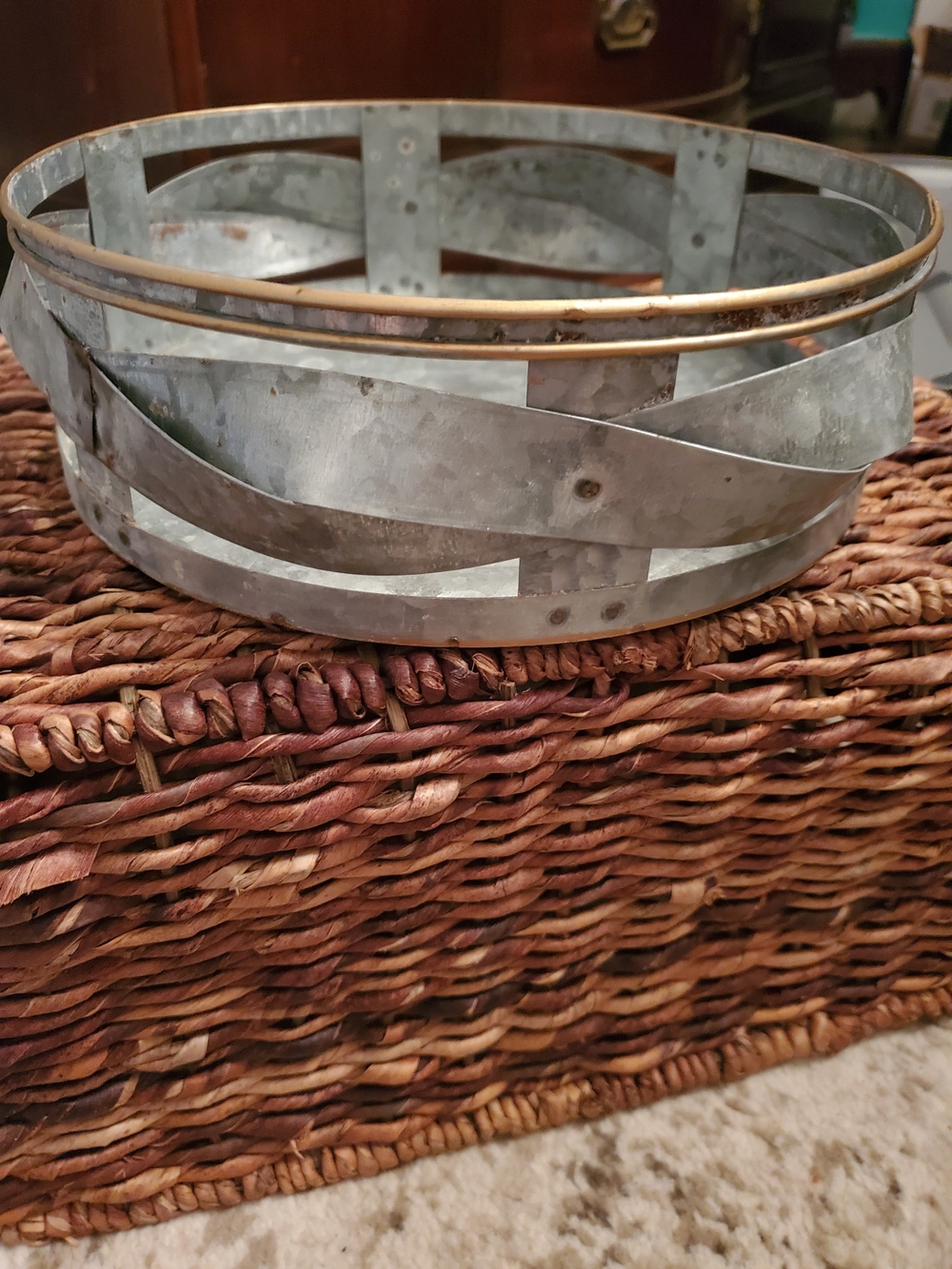 Galvanized Metal Decorative Bowl with Thin Brass Rim